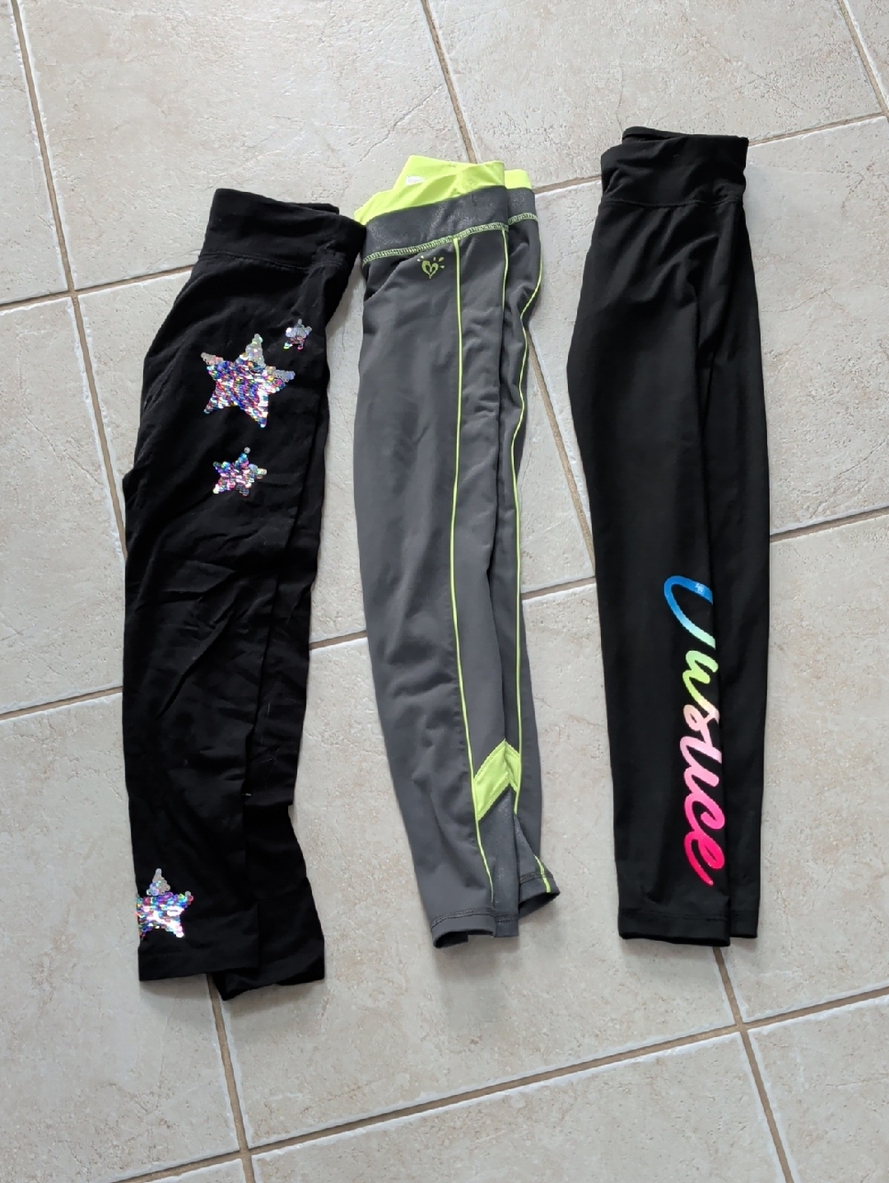 Justice  Girl Size 10 Black Leggings with Neon & Multicolor Logo Accents 3 Pair